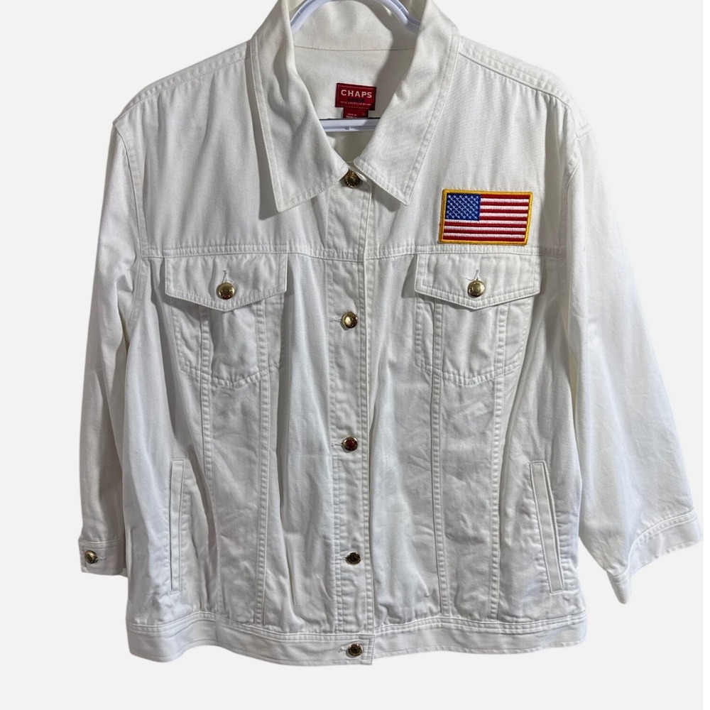 Chaps Denim Mens 3X White Trucker Jacket American Flag Patch Gold Buttons Cotton
